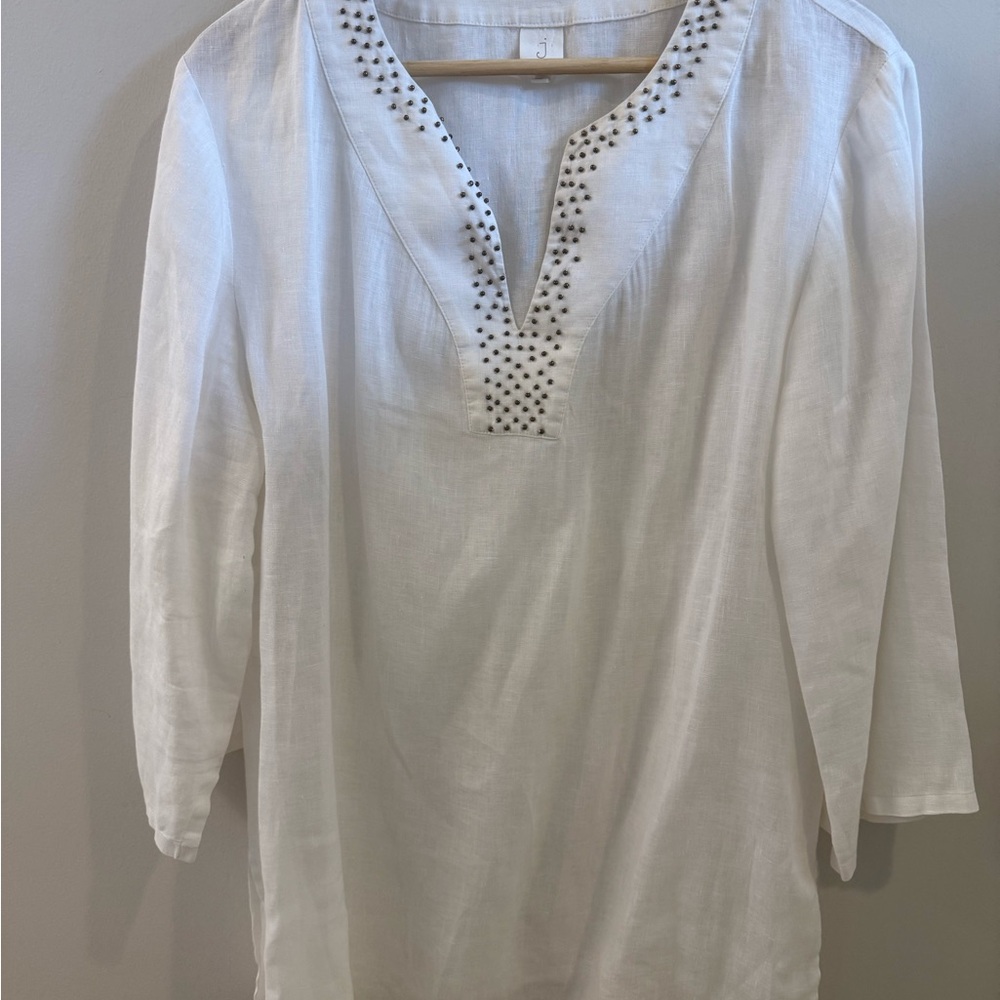 Elegant White Linen Embellished Women's Tunic